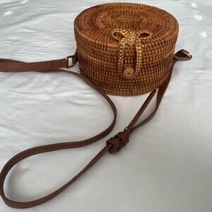 Woven Rattan Handbag Purse Brown Crossbody Round Retro Boho Chic NEW no Tags
